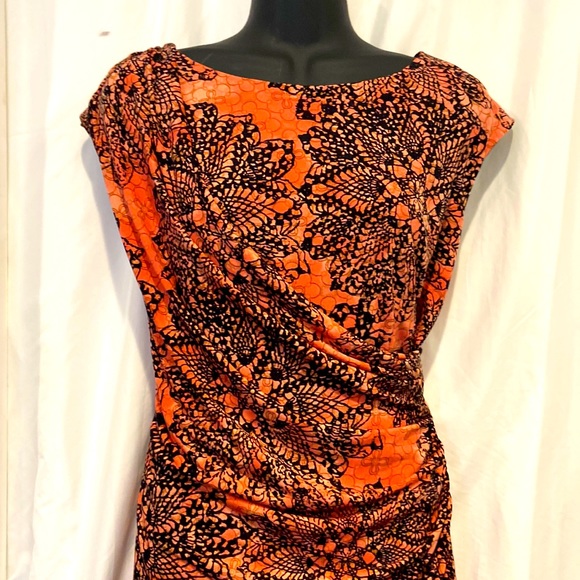 Connected Apparel peach orange printed midi dress - Picture 1 of 9